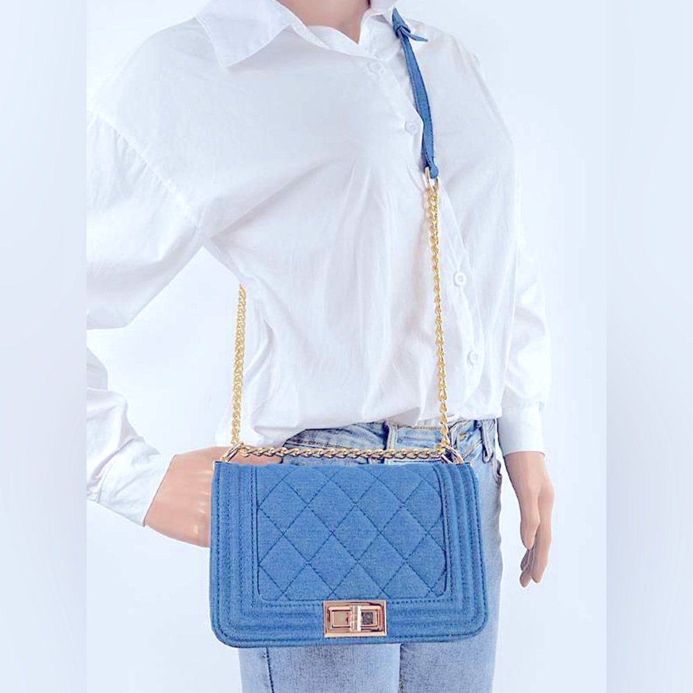 Blue Denim Quilted Crossbody Bag with Gold Chain